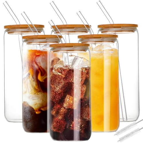 ANZGOZH 6PCS Glass Cups with Lids and Straws - 16oz Reusable Drinking Glasses Set - Glass Tumbler Iced Coffee Cup for Home, Office & Bar