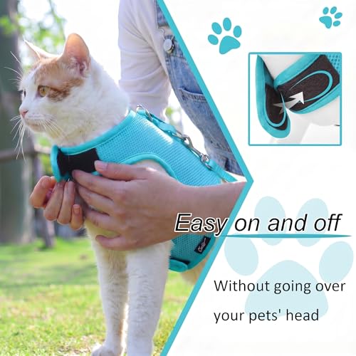 Image of Kitty Harness and Leash for Walking Escape Proof Breathable Mesh Fabric, Turquoise, Small, Adjustable Cat Walking Jackets, Padded Stylish Cat Vest
