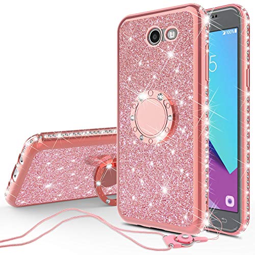 Compatible for Samsung Galaxy J7v/Galaxy J7 Prime 2017/Galaxy J7 Perx/Galaxy J7 Sky Pro Case Cute Girl/Women Rhinestone Bumper Sparkling Glitter Bling Diamond Cover with Ring Stand - Rose Gold