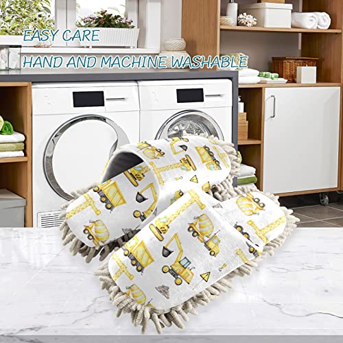 Flildon Microfiber Cleaning Slippers Cute Truck Excavator Washable Mop Shoes Slipper For Men/Women House Floor Dust Cleaner, Size M #TOP2