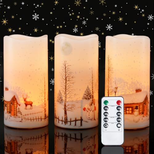 Homemory Christmas Flameless Candles Battery Operated with Snowman, Remote Control