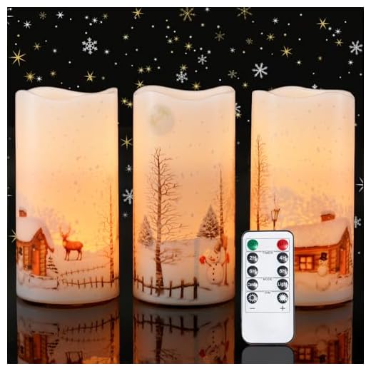Homemory Christmas Flameless Candles Battery Operated with Snowman, Remote Control and Timers, Real Wax LED Pillar Candles for Rustic Country Home Farmhouse Cabin Decor, Set of 3, 3”x 6”