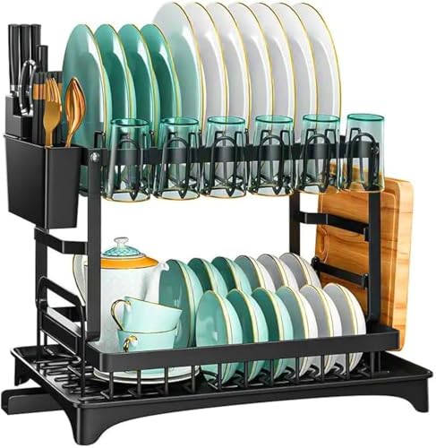 HSYDIY Two-tier Dish drying rack for kitchen countertop storage; can hold plates bowls and tableware; also includes a cup holder and cutting board holder. (Type A)