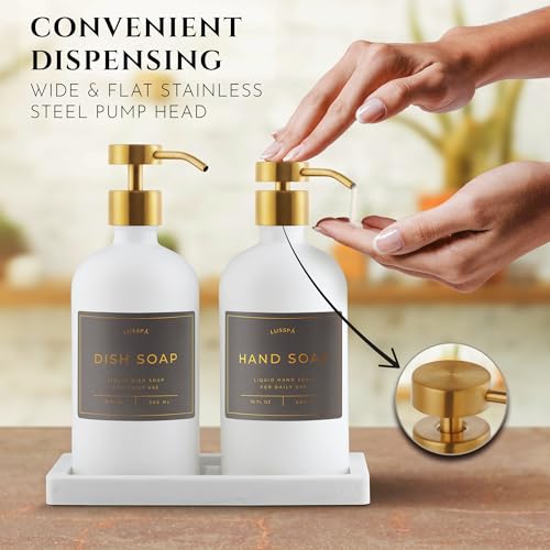 Glass Soap Dispenser Set of 2 (White) with Silicone Tray | Hand and Dish Soap Dispenser for Kitchen and Bathroom | 16.8 Oz Glass Bottles with Stainless Steel Pump & 15 Waterproof Labels (White/Gold) - image 4