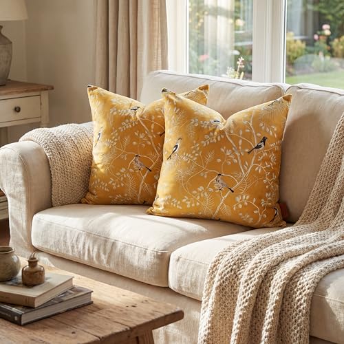 ERYOGS Yellow Velvet Throw Pillow Covers 18x18 Set of 2, Decorative Bird and Leaf Pattern Pillow Covers,Boho Farmhouse Cushion Covers for Couch Sofa Bed Living Room Home Decor — view 4