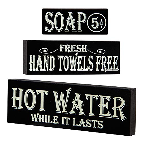 Hot-Water-Hand-Towels-Soap-Lot-of-3-Small-Wood-Block-Signs-Rustic-Bath-Country-Vintage-Look Hot Water Hand Towels Soap Lot of 3 Small Wood Block Signs Rustic Bath Country Vintage Look