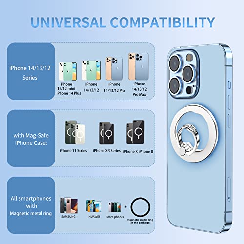 Aurox Magnetic Phone Ring Holder For Iphone 14 13 12 Magnetic Phone Grip For Magsafe Accessories 360° Rotation Adjustable Phone Finger Ring Grip Stand【Removable For Wireless Charging】(Silver) #TOP4