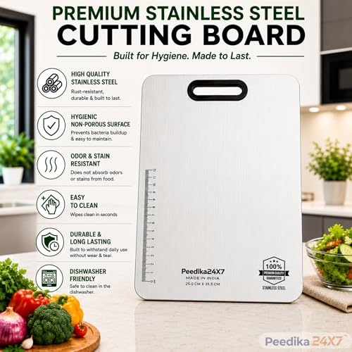 Image of Peedika24X7 Premium Stainless Steel Chopping Board Medium with Free Knife, Heavy Duty Rust Proof Vegetable Cutting Board, Reversible Non Slip Metal Cutter for Meat & Vegetables, 35.5 x 25 cm