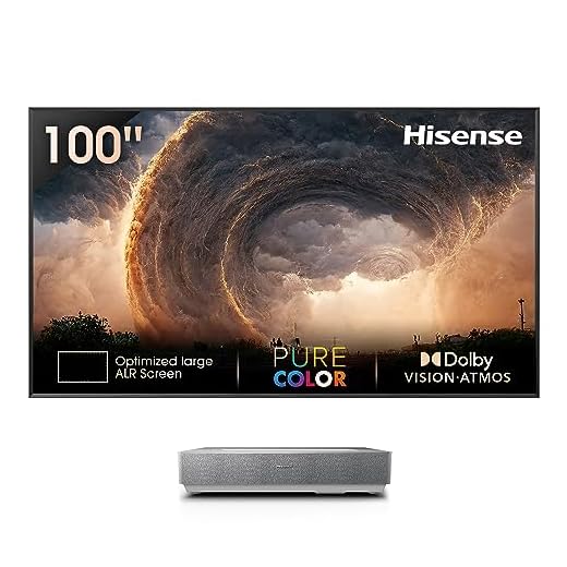 Hisense Laser TV 100" 4K 2023 100L5HD, Schermo anti-riflesso, 2700 lumen, 4K, HDR10, Smart TV VIDAA 6, Dolby Vision e Atmos, Apple Airplay 2, Home Kit, Alexa, tivùsat 4K, Installazione Gratuita