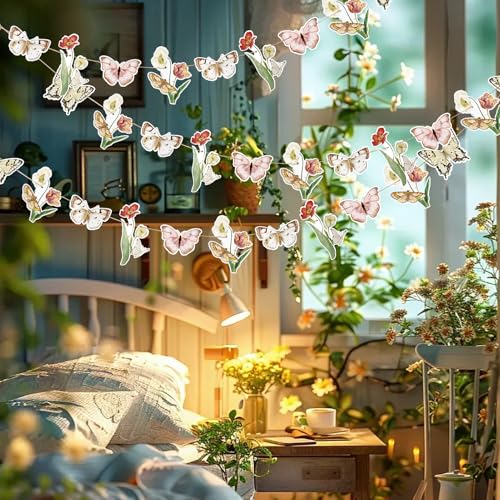 Image of SUNBEAUTY Wildflower Butterfly Happy Birthday Banner Spring Floral Birthday Decorations Pre-Strung Butterfly Flower Garden Decor for Girls Women Baby Shower Wedding Tea Party