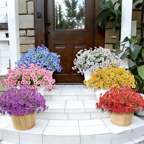 Satefello 20 Bundles Artificial Flowers for Outdoors Fall Autumn Decoration, UV Resistant Fake mums with Plastic Plants, Faux Silk Flowers for Outside Front Porch Patio Decor-Yellow - image 6