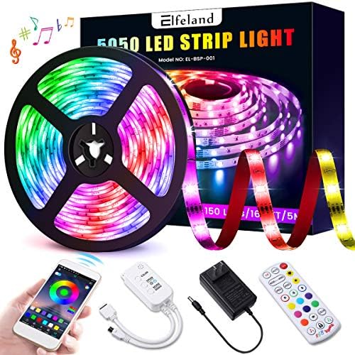 Elfeland LED Strip Lights 16.4ft LED Light Strip SMD5050 RGB Tape Lights Color Changing Rope Lights Work with App Sync with Music Flexible Strip Lights Kit for TV, Bedroom,Party, Home Decoration
