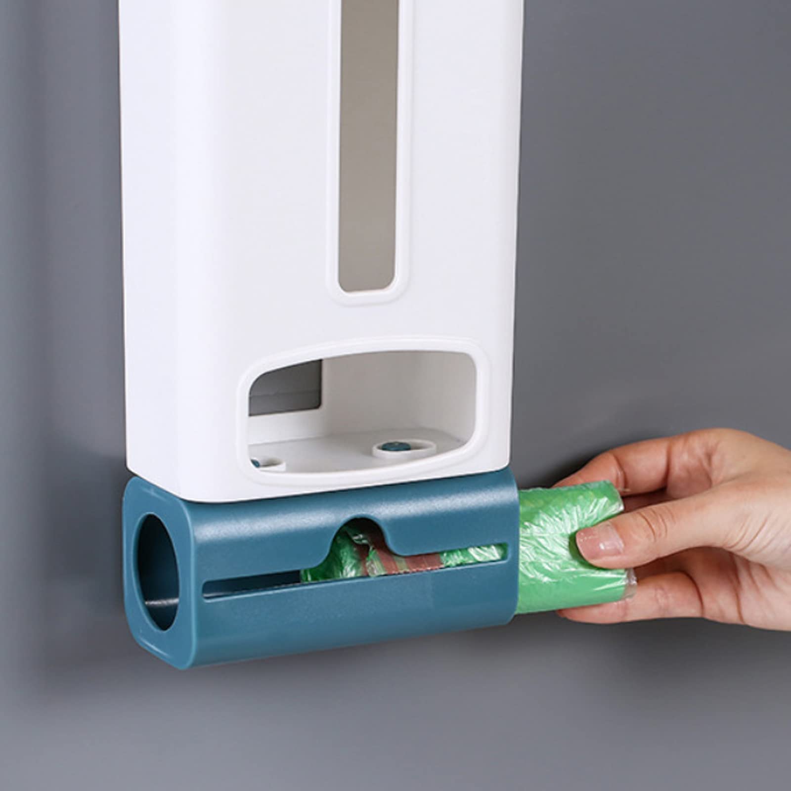 Dispensador de bolsas de plástico autoadhesivo para montar en la pared, caja de almacenamiento de basura de fácil acceso para armarios, color azul oscuro, fácil instalación, para tu espacio