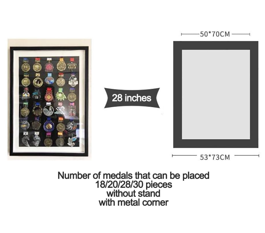 Duża ramka wyświetlacza medalu, Wyświetlacz 3D z litego drewna na medale Shadow Box, 28 cali, wielokolorowy(White,28" (28 medals))