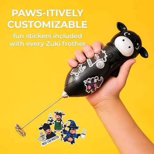Image of Zulay Kitchen Cow Milk Frother Wand - Cutesy Frother, Meet Your New Frothing Buddy Betsy The Cow, Adoption Papers and Stickers Included, Purrr-fect for Lattes, Cappuccino & Matcha - Black