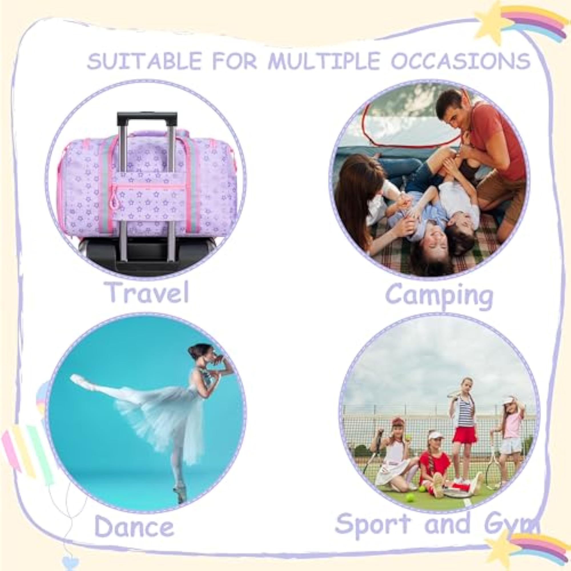 Kids Duffle Bag Girls Travel Bag, Star Purple