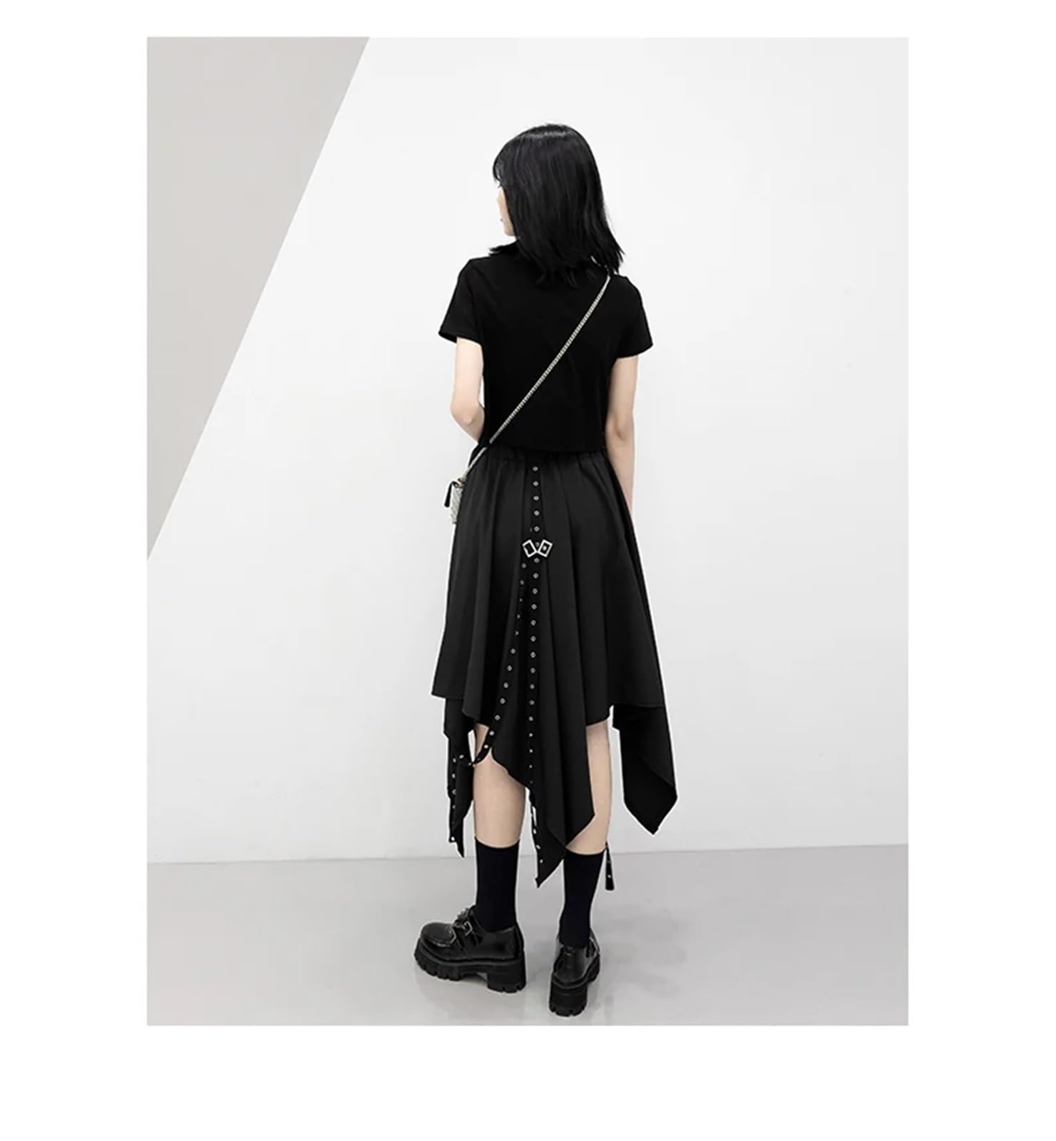 Falda Gótica para Mujer Falda Irregular for niña, Estilo gótico, Estilo Punk Callejero, con Lazo Oscuro y Hebilla de Tejido de Viento, de Longitud Media
