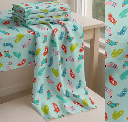 Image of Soimoi Green Cotton Cambric Fabric Socks & Gloves Folk Art Printed Craft Fabric by the Meter 56 Inch Wide