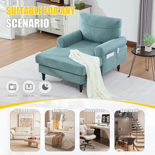 KEIKI Chaise Lounge Chair Indoor, Oversized Accent Chenille Armchair with Storage, Leisure Sleeper Single Sofa Side Chair, Corner Recliner Arm Chairs for Living Room Reading, Easy Assembly, Mint Green - Thumbnail 7