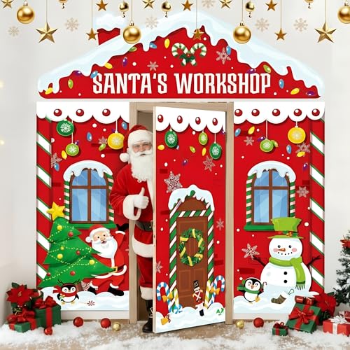 WovWeave 4 Pcs Santas Workshop Decorations Christmas Door Cover Backdrop Xmas Front Porch Banners Christmas Garage Door Decoration for Xmas Classroom Home Office Holiday Party Decor Photo Background