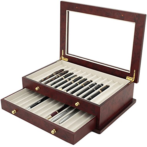 Pen Box 26 Fountain Pens Writing Instruments Wood Constructed Glass Display Case (Burlwood)