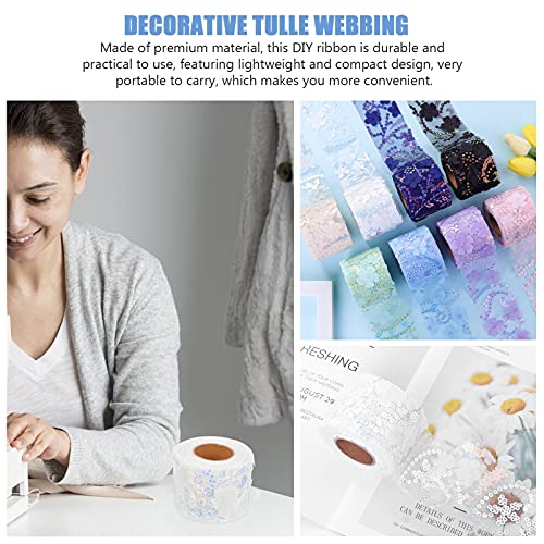 Ciieeo 1 Roll Decorative Tulle Webbing Bow Making Ribbon Wreath Making Supplies Lace Trim Fabric Sequin Flower Pattern Voile Ribbon Mesh Bride Polyester Packaging Tape Twine White - Image 3