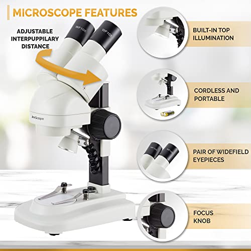 Amscope 20X-50X Portable Angled Head Stereo Microscope W/Deluxe 6Pc 3D Insect Specimen Kits, Nat Geo Insect Book And Optional Digital Camera #TOP1