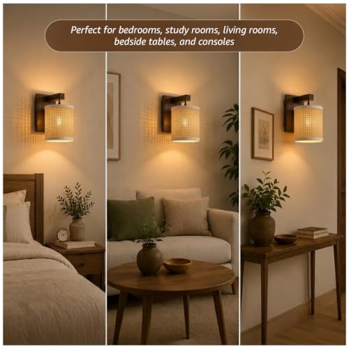 Image of Amazon Basics Rattan Dark Weave Wall Lamp | Natural Rattan Shade with Mango Wood Bracket | E14 Holder | Decorative Wall Light for Bedroom, Living Room & Home Decor