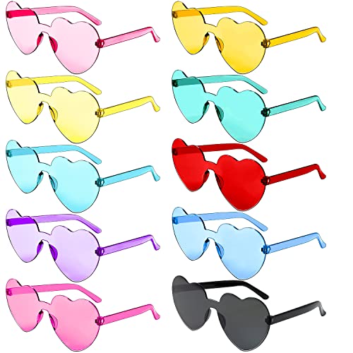 Heart Shaped Rimless Sunglasses, 10 Pairs Fun Party Eyewear, Transparent Candy Color Frameless Glasses For Valentine Bachelorette Beach Party Favor #TOP7