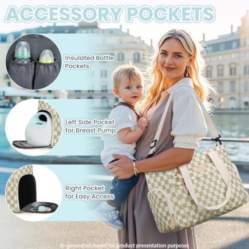 Image of Pritent Diaper Bag Tote for Working Mom, Large Travel Diaper Tote for Mom and Dad with 14 Inch Laptop Sleeve, Mommy Maternity Travel Baby Bag for Boys and Girls, Checkered Green