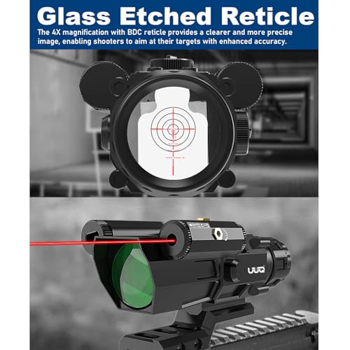 UUQ 4X32 Prism Optics Rifle Scope with Red Laser,Red Illuminated Reticle,Upgraded Buttons,and Glass Etched Reticle 4X Magnification-Fits 20mm Free Mounts