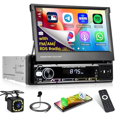 Inefala Autoradio 1 DIN mit Ausfahrbarem Display 7 Zoll Wireless Carplay Android Auto, 1 Din Radio Bluetooth mit FM/AM/RDS Radio, Mirror Link, USB, AUX-in, SWC, Rückfahrkamera & Mikrofon