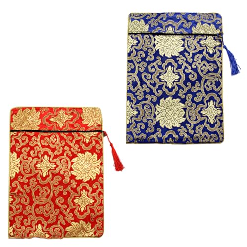 SHINEOFI Bolsa de Bordado de Brocado Doble Capa para Escrituras Budistas, Tamaño Mediano 20x25 Cm, Color Azul y Rojo Flores Tradicionales, Bolsa de Almacenamiento Étnica para Viajes y Uso