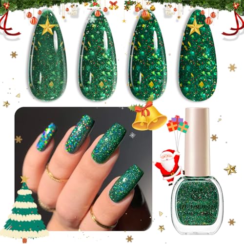 AZUREBEAUTY Christmas Nail Polish Quick Dry Green Glitter Nail Polish Natural Shine Nail Lacquer Salon-Quality for Women Girl Gift Set 1Pcs 0.34 fl oz