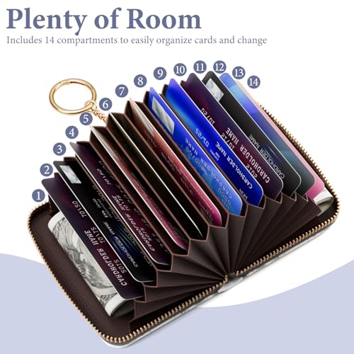 Image of Credit Card Holder RFID Wallet for Women, Small Leather Card Organizer Case with Zipper and Keychain, Leaf