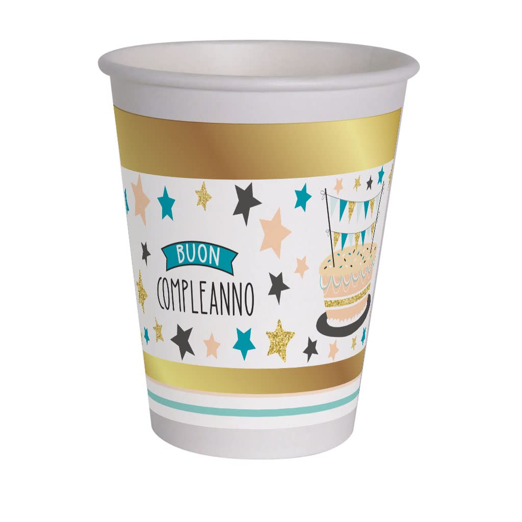 Ciao - Happy Birthday Compostable Paper Cups Shiny Gold (250ml), 8 Pieces, Gold, White, 34750