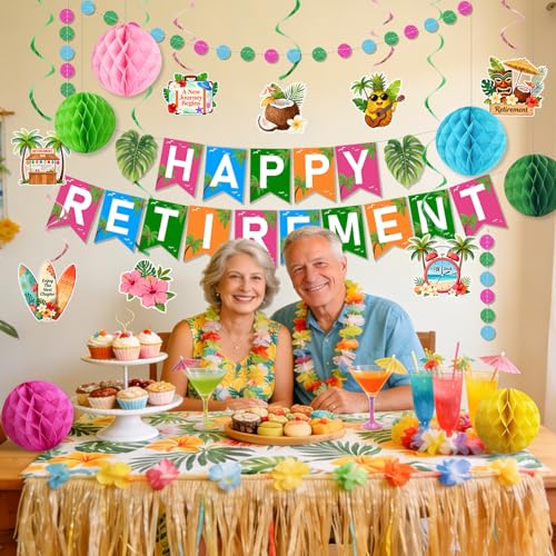 Image of Luau Hawaiian Retirement Party Decorations for Men Women Tropical Happy Retirement Banner Honeycomb Balls Hanging Swirl Circle Dots Garland Beach Summer Retirement Party Supplies