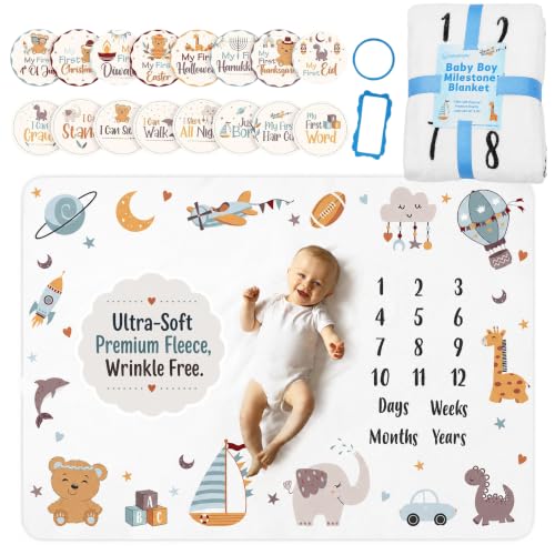 Image of Baby Boy Monthly Milestone Blanket with 16 Milestone Stickers - 60 inch x 40 inch - Wrinkle Free Baby Age Month Blanket - Washable & Fade Resistant - Ultra Soft Fleece for Mom & Baby Shower
