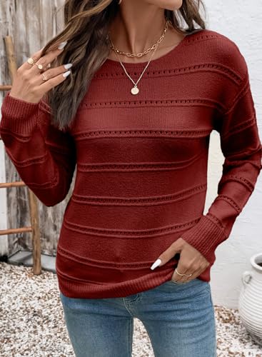 Image of SHEWIN Women's Sweaters Crew Neck Crochet Sweater Lightweight Knit Long Sleeve Tops Shirts Loose Fit Spring 2026