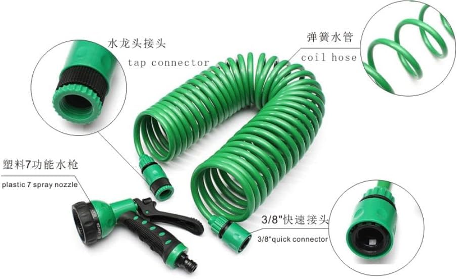 Coil Garden Hose 30M with 7-Pattern Spray Nozzle, EVA Recoil Water Hose with Brass Connectors, Green Curly Hose