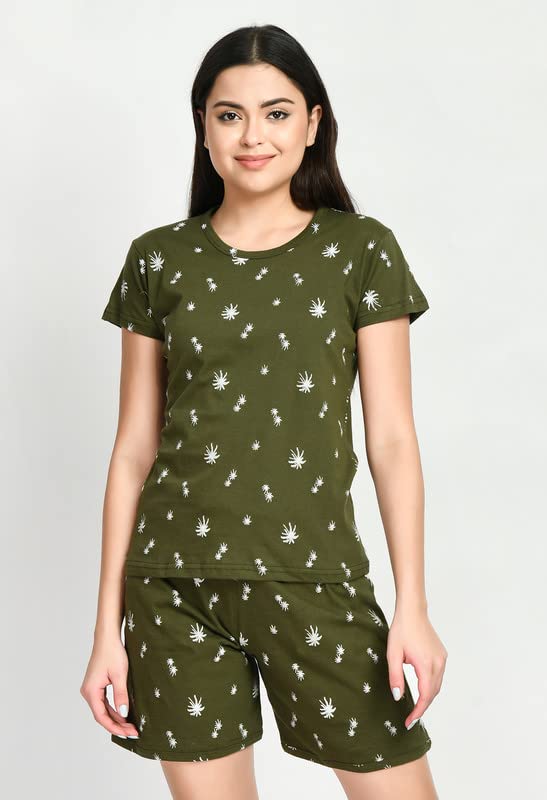 Image of IndiWeaves Cotton Printed Tops and Shorts Set Night Suit for Women (Pack of 3) Green::Caret::Red