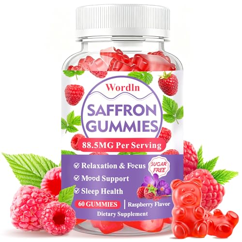 Wordln Saffron Gummies for Adults & Kids Saffron Supplements with 88.5mg Saffron Extract Ashwagandha L-Theanine for Relaxation Focus and Mood Support 60 Gummies (Pack of 1)