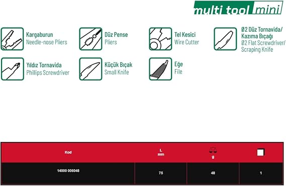 İzeltaş Elta Multi Tool Mini 7 Fonksiyonlu Katlanır Çok Amaçlı Pense El Aleti Paslanmaz Çelik 75 mm