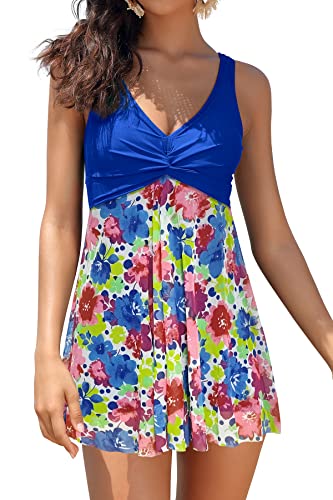 SHEKINI Femme Elégant Maillot de Bain Une Pièce avec Jupette Ruched Rembourré Fil Net Imprimé Contrôle Ventre Gainant Robe de Bain Grande Taille(XL,Bleu Roi)