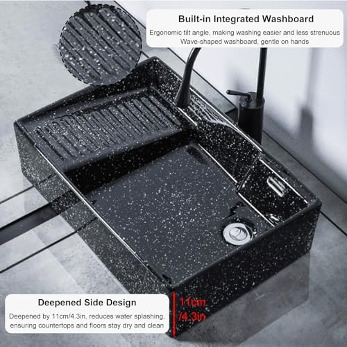 Ceramic Black Laundry Sink with Washboard, Stylish Bathroom Vessel Sink Set with Faucet & Drain, Ideal for Bathroom, Toilet & Balcony - 51x38x13.5cm (20.1x15x5.3in)