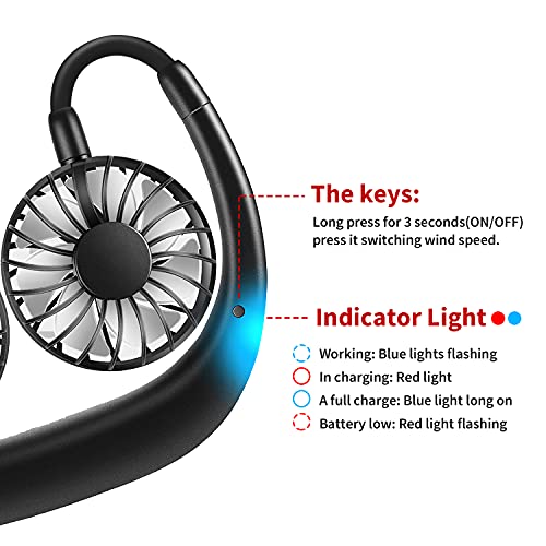 Portable Neck Fan Rechargeable Personal Hand-Free Fan Mini Usb Wearable Neckband Sport Fan, 3 Speed Adjustable, 360 Degrees Free Rotation Perfect For Working, Traveling, Office, Reading (Full Black) #TOP5