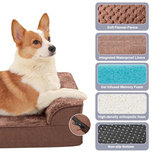 Image of Waterproof Dog Bed for Small Dogs - Orthopedic Memory Foam Puppy Couch Sofa, Removable Cover & Anti-Slip Bottom, 44x32 Inches, Brown