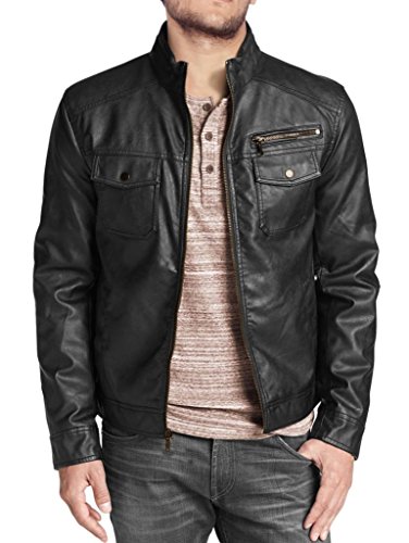 The Leather Factory Men's Dapper Lambskin Leather Biker Jacket with Flap Pockets M Black