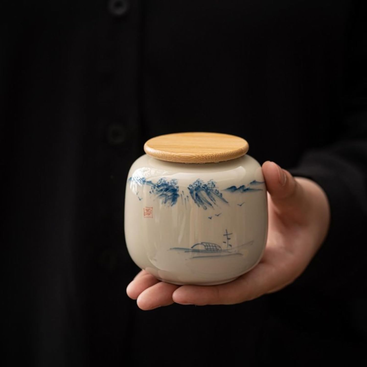 Underglaze Color Hand-drawn Ceramics Tea Caddy, 120ml 4.0oz, Sealed Jar Household Kung Fu Tea Set Accessories