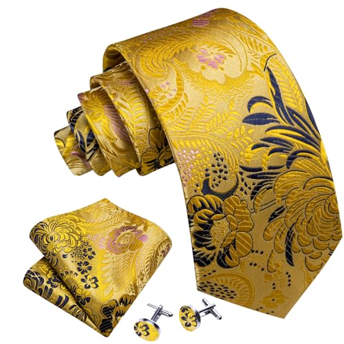 Image of Barry.Wang Flower Ties for Men Silk Woven Floral Tie Sets Necktie Handkerchief Cufflinks Wedding Party